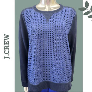 J. Crew Women’s Eyelet Pullover Knit Top Navy  & Blue Lomg Sleeve Size XL